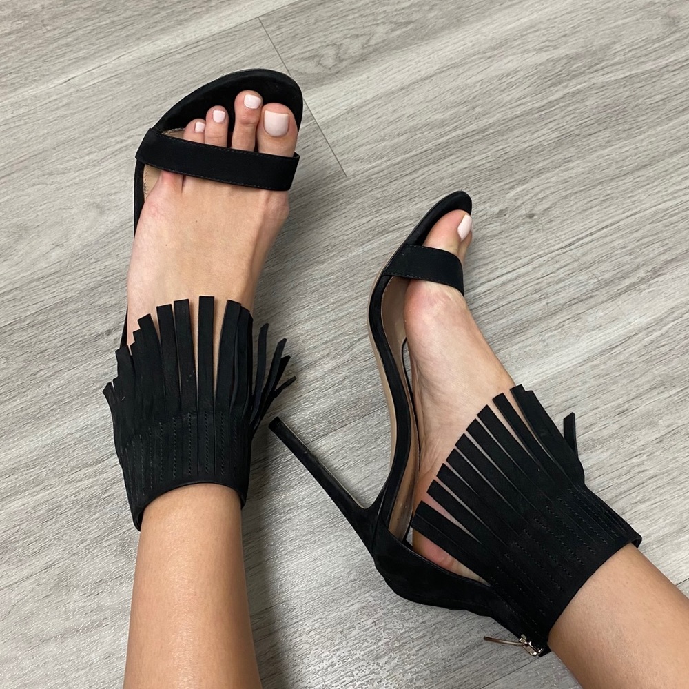 Authentic Gianvito Rossi Black Suede Fringe Heels